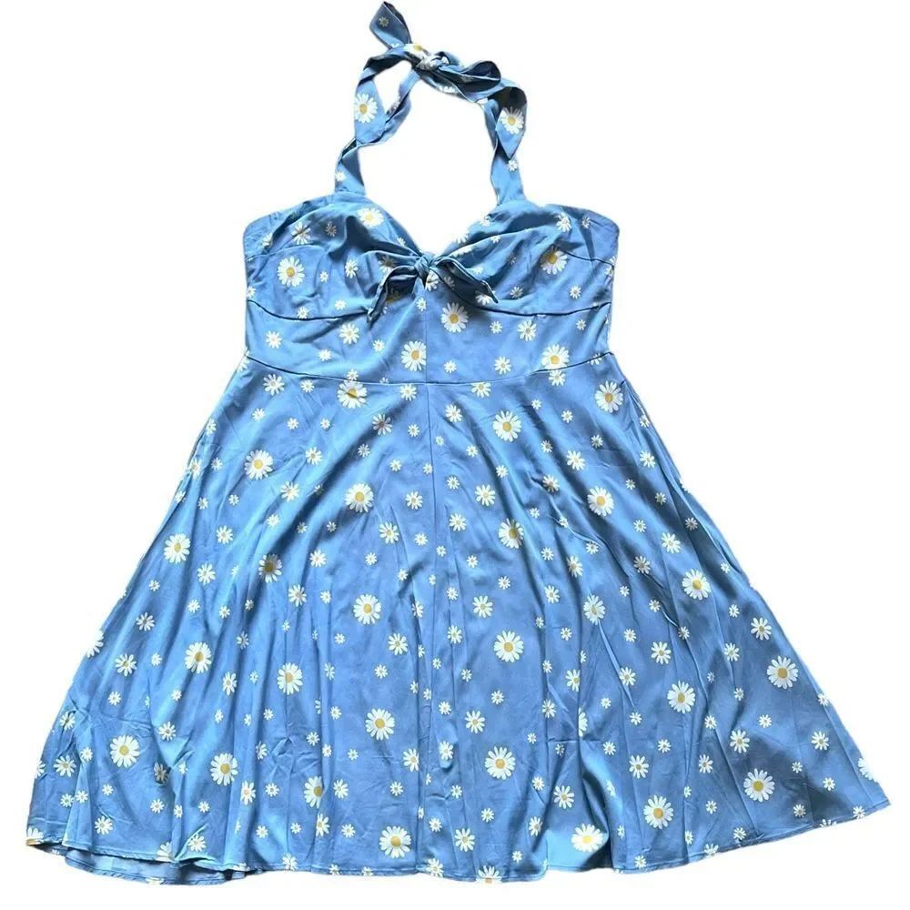 UNIQUE VINTAGE 50s Daisy Halter Swing Dress in Blue and White 1X - Picture 2 of 12